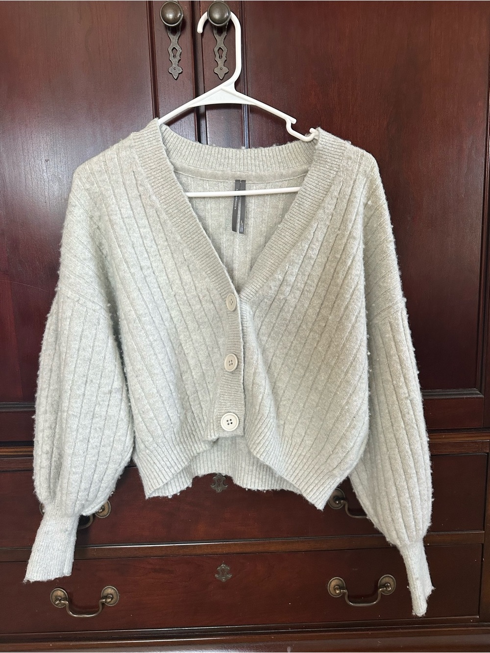 Anthropologie Grey-Blue Ribbed V-Neck Button Cardigan